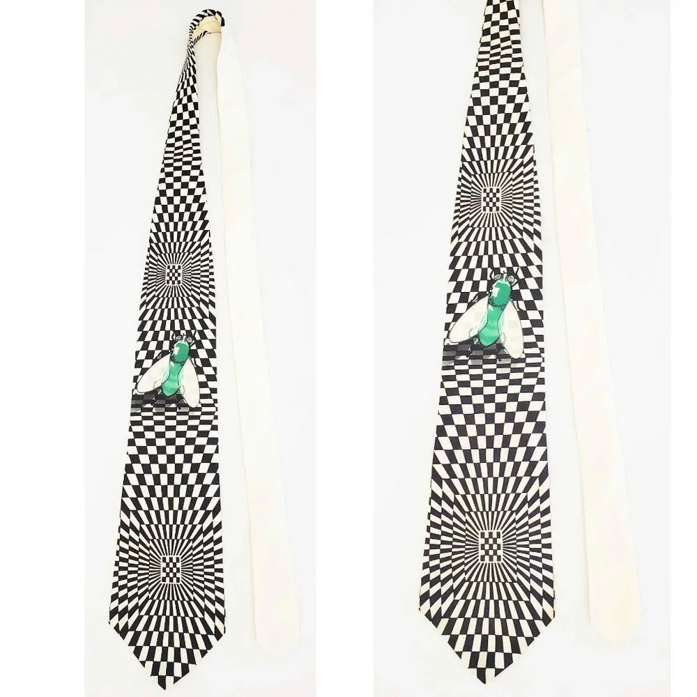 Flamingo Joe Vintage Mens Neck Tie Optical Illusion Black and Ivory Green Fly